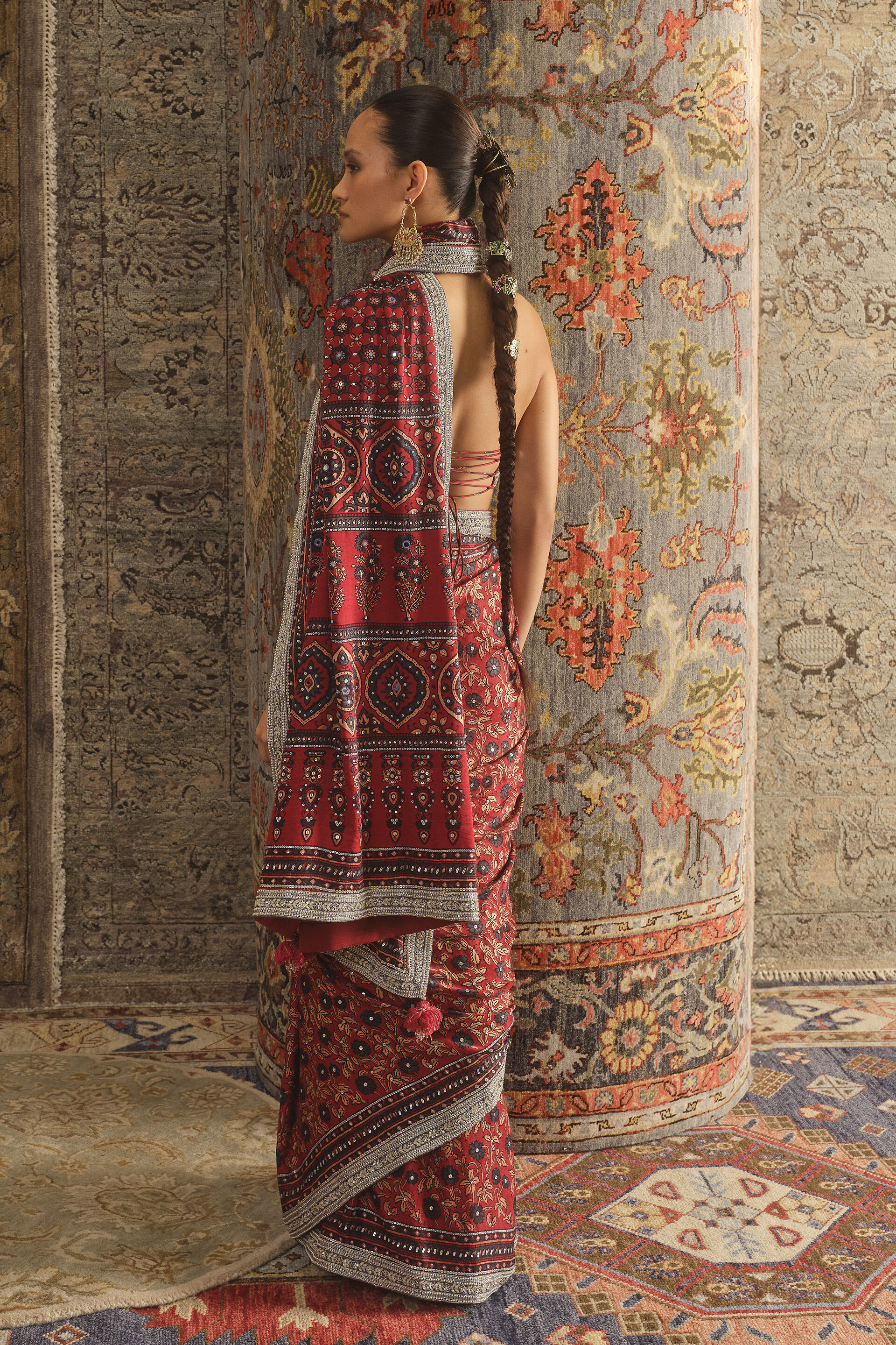 Grisha Ajrakh Hand-block Printed Silk Saree - Red